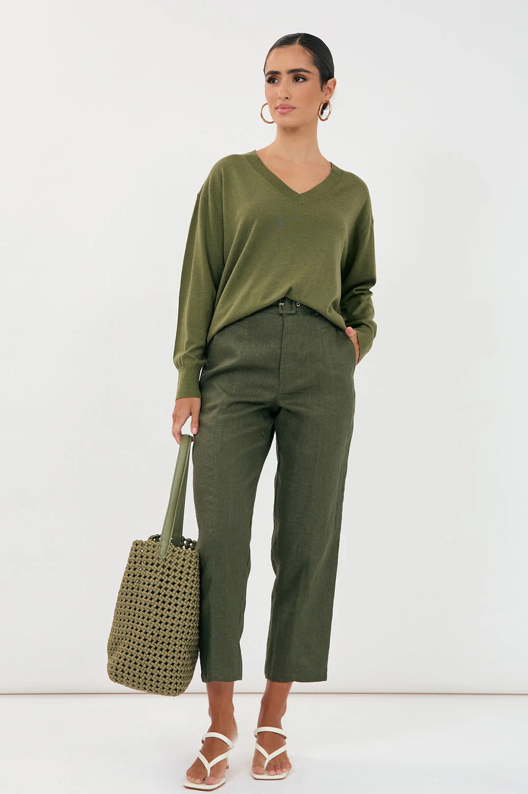 TIFFANY BELTED LINEN PANT (Khaki)