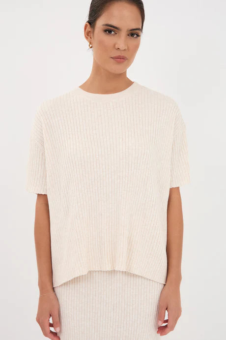 SHANI RIB KNIT SHORT SLEEVE TOP (Oat)