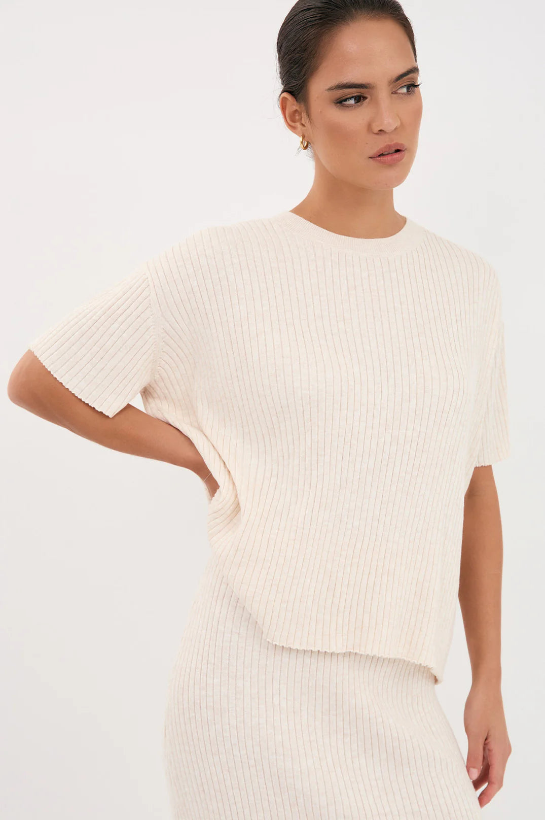 SHANI RIB KNIT SHORT SLEEVE TOP (Oat)
