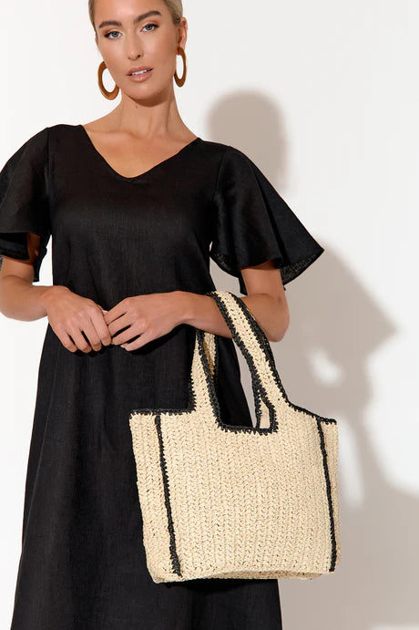 LOLA STITCH EDGE WOVEN TOTE BAG (Natural/Black)
