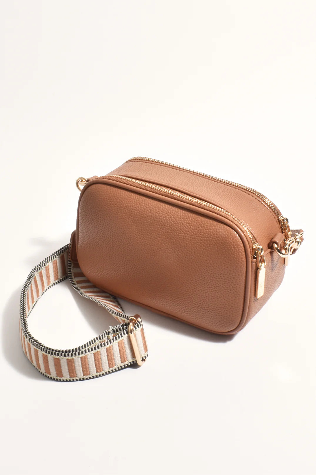BELLA STRIPED WEBBING CAMERA BAG (TAN)