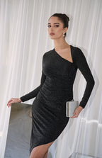 ASYMMETRIC NECKLINE AND HEM LUREX STRETCH BODYCON