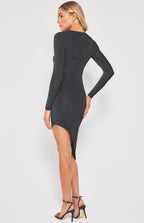 ASYMMETRIC NECKLINE AND HEM LUREX STRETCH BODYCON