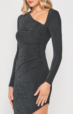 ASYMMETRIC NECKLINE AND HEM LUREX STRETCH BODYCON