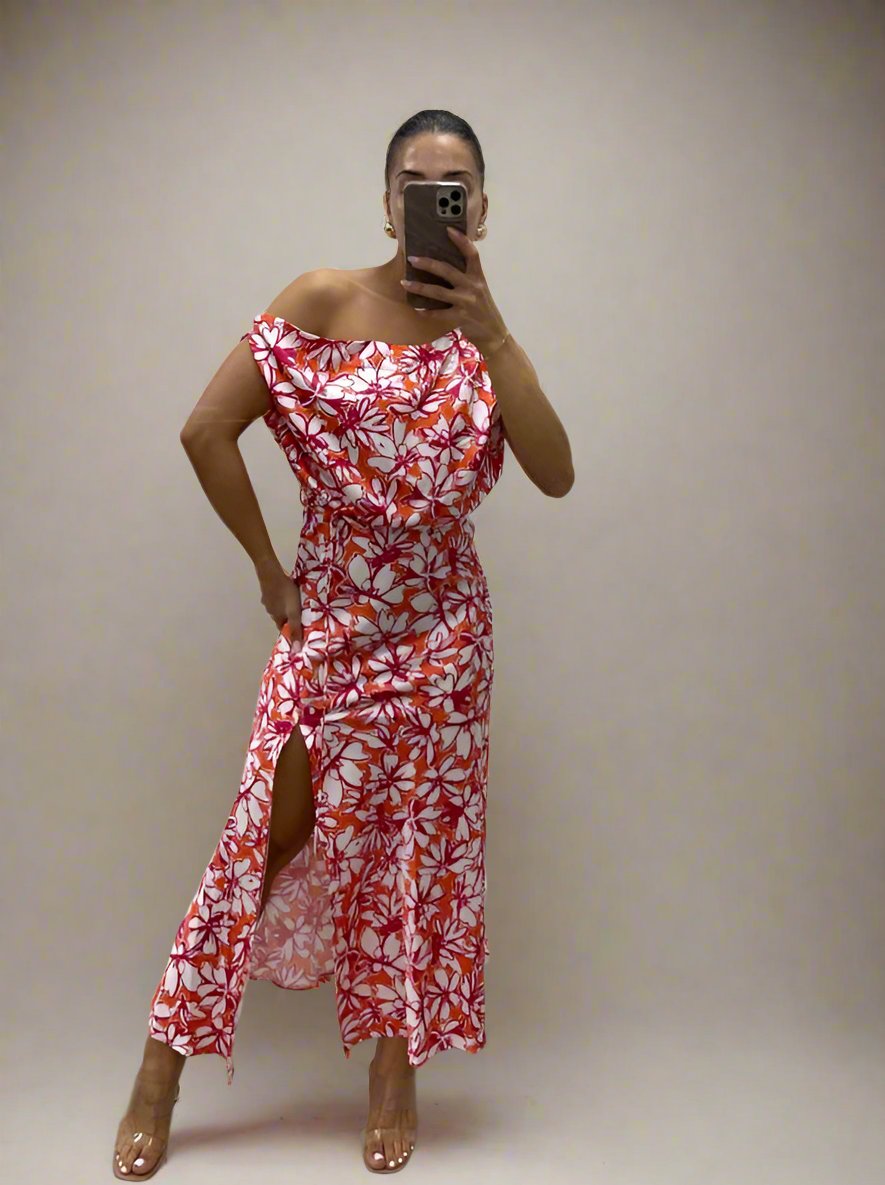 OFF THE SHOULDER FLORAL PRINT MIDI DRESS