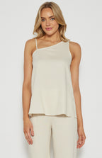 LINEN BLEND ASYMMETRIC NECKLINE LONG TOP