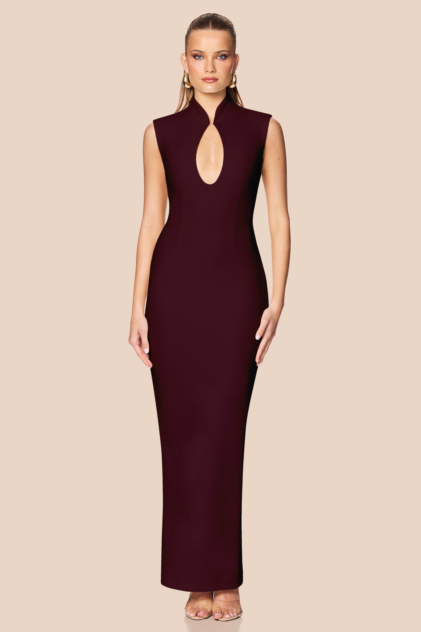 Gia maxi dress in wine with a keyhole neckline 