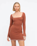 SQUARE NECK LONG SLEEVE KNIT MINI DRESS