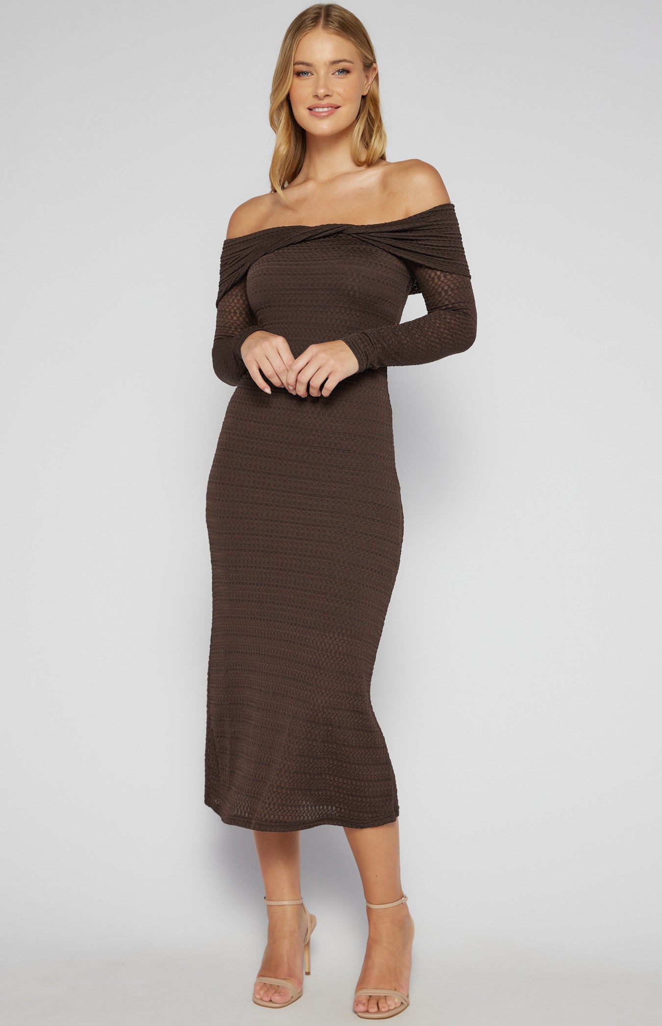 TEXTURED JERSEY TWIST DETAIL OFF SHOULDER MIDI DRESS