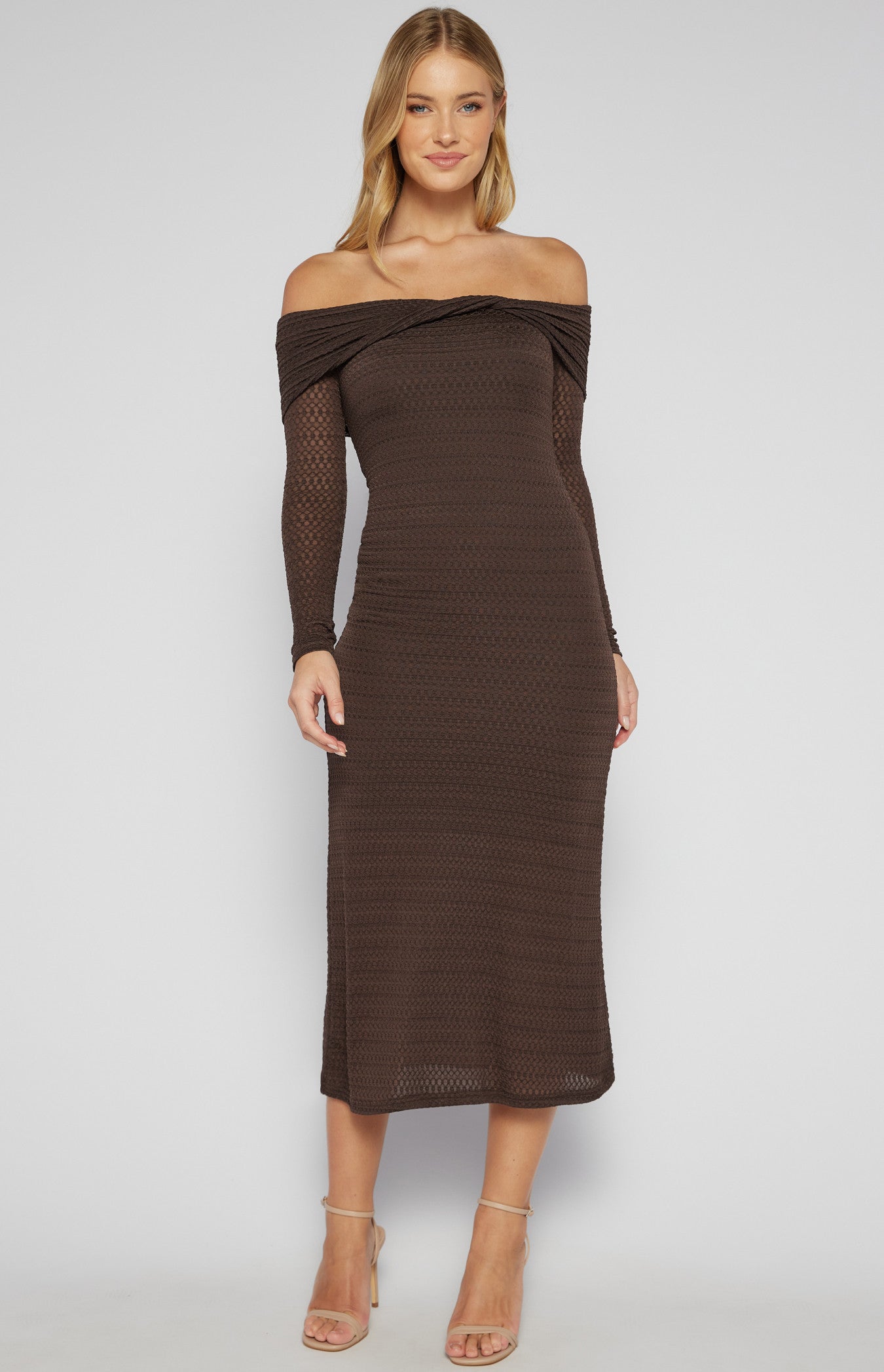 TEXTURED JERSEY TWIST DETAIL OFF SHOULDER MIDI DRESS