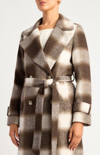 BROWN & WHITE CHECKERED DOUBLE-BREASTED FAUX WOOL FUR COAT