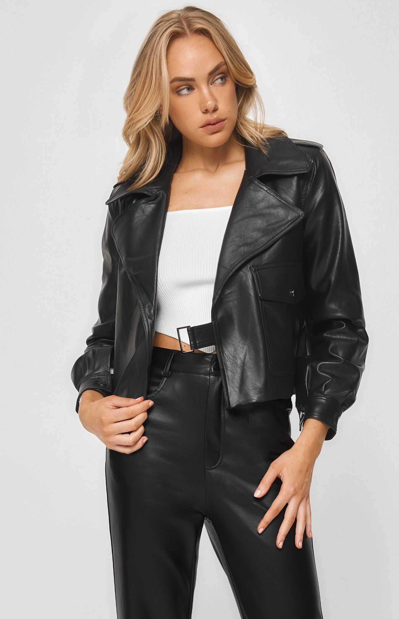 FAUX LEATHER JACKET WITH SIDE BUCKLE DETAIL