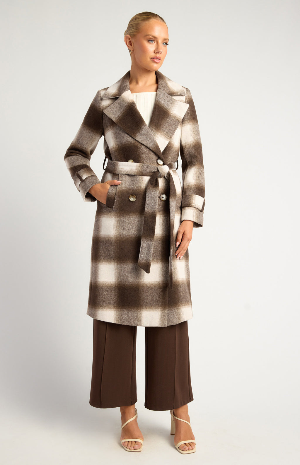 BROWN & WHITE CHECKERED DOUBLE-BREASTED FAUX WOOL FUR COAT