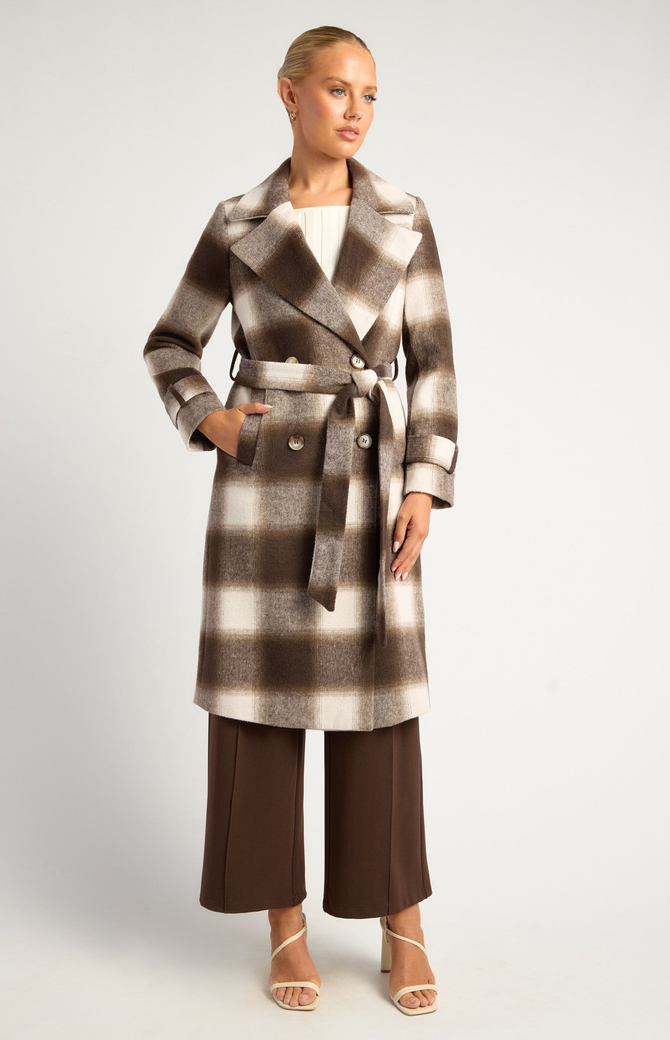 BROWN & WHITE CHECKERED DOUBLE-BREASTED FAUX WOOL FUR COAT