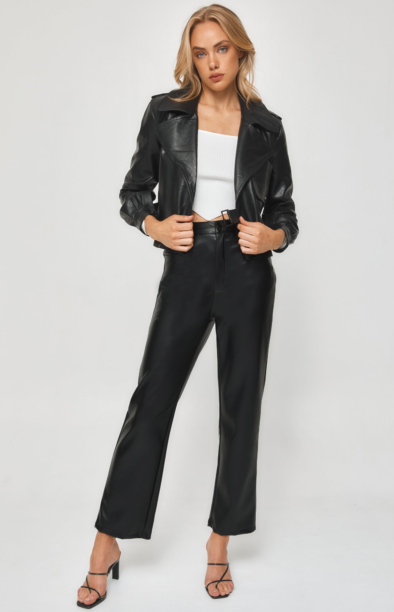 FAUX LEATHER JACKET WITH SIDE BUCKLE DETAIL