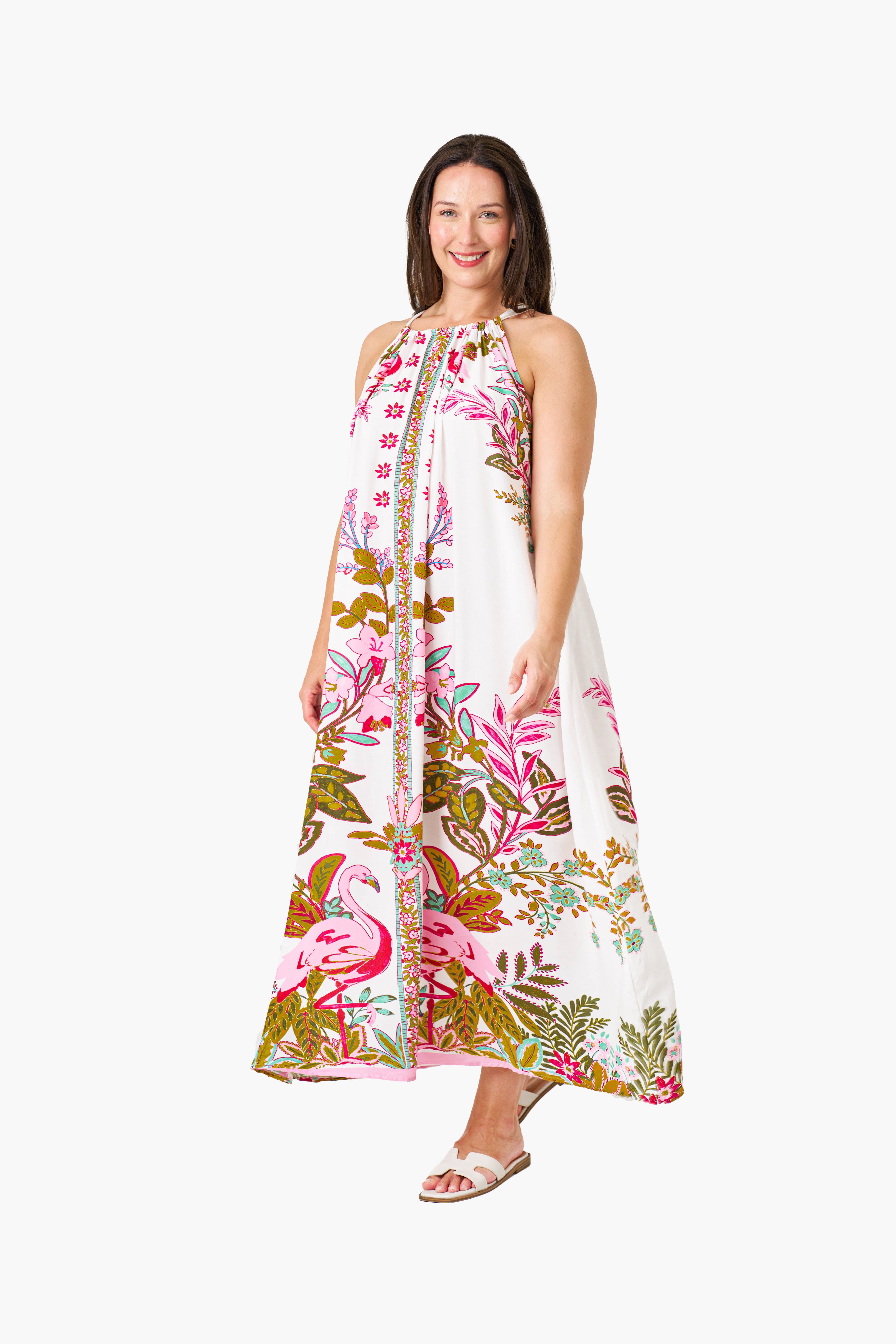 FLAMINGO PRINT FLOWY COTTON DRESS (FLAMINGO PRINT)