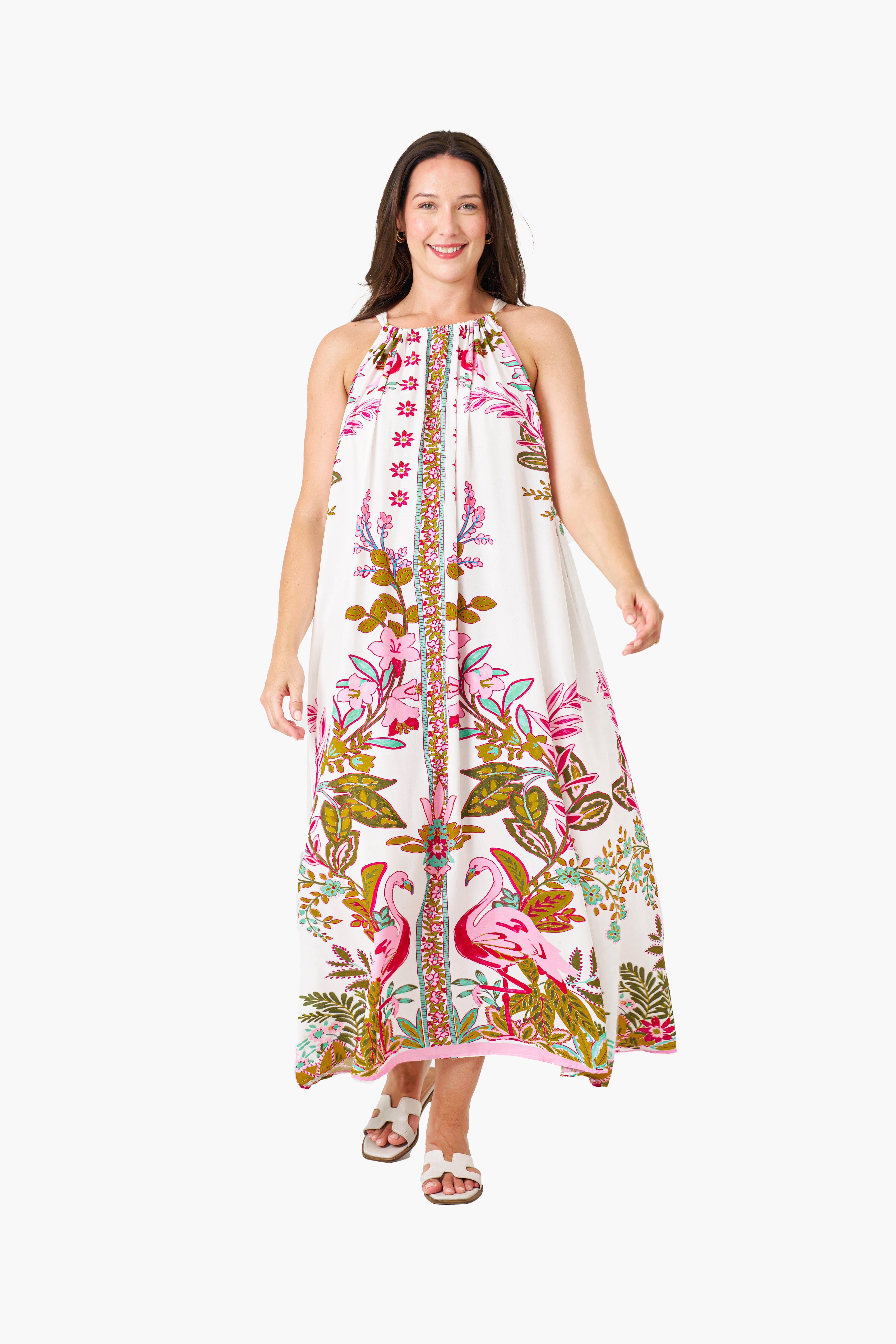 FLAMINGO PRINT FLOWY COTTON DRESS (FLAMINGO PRINT)