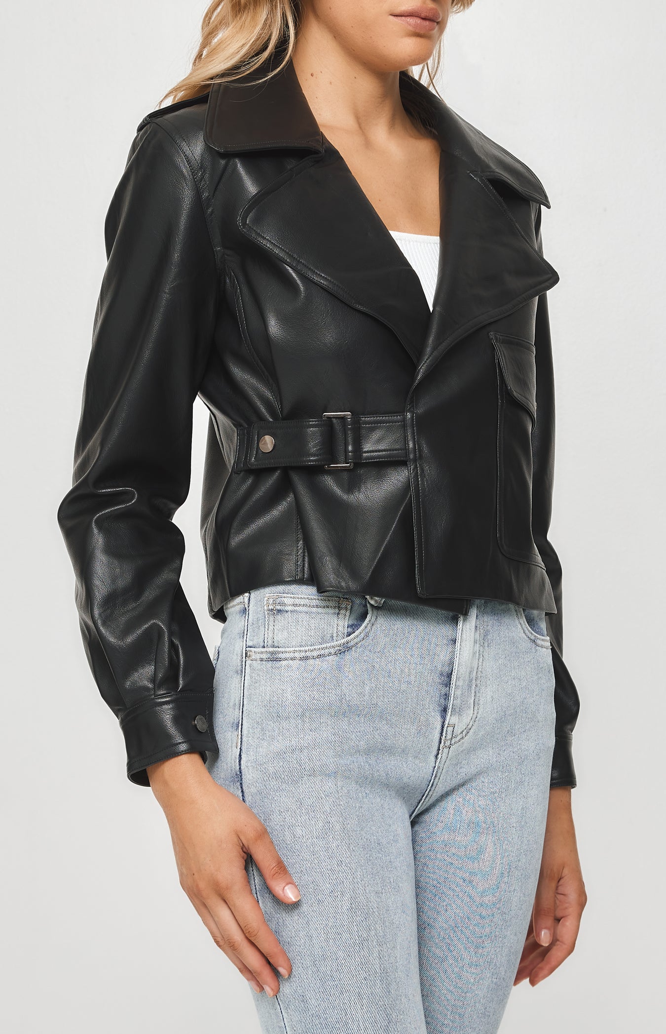 FAUX LEATHER JACKET WITH SIDE BUCKLE DETAIL