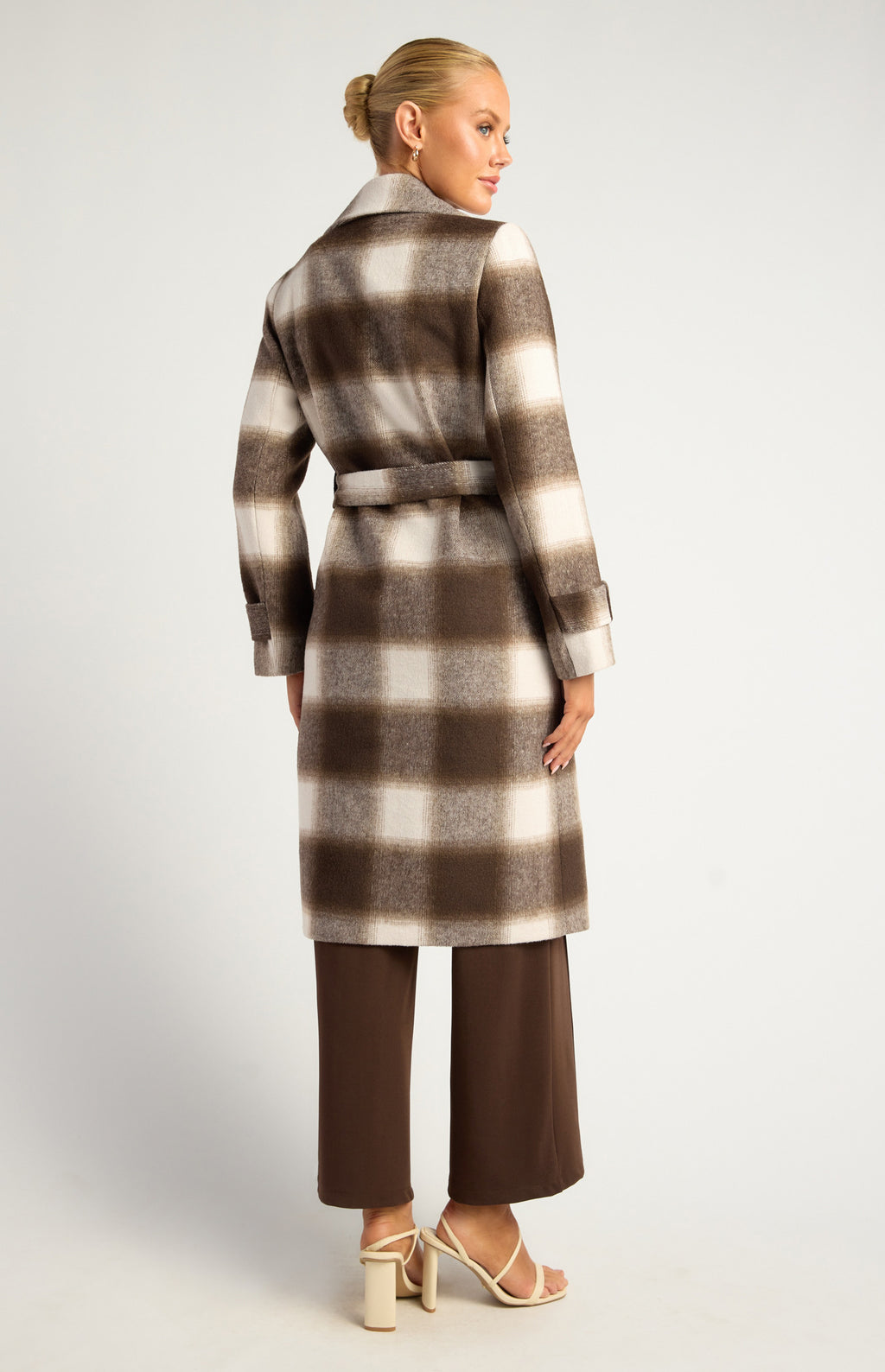 BROWN & WHITE CHECKERED DOUBLE-BREASTED FAUX WOOL FUR COAT