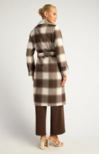 BROWN & WHITE CHECKERED DOUBLE-BREASTED FAUX WOOL FUR COAT