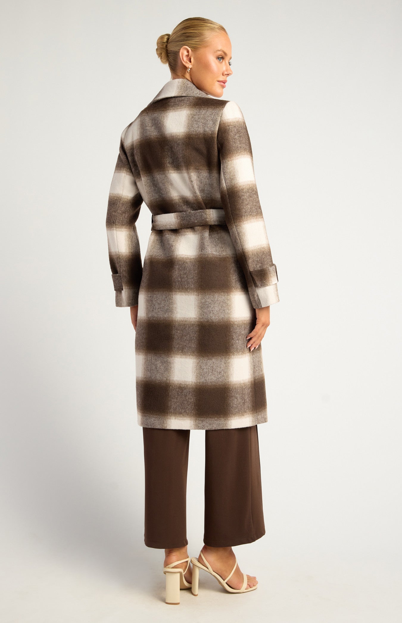 BROWN & WHITE CHECKERED DOUBLE-BREASTED FAUX WOOL FUR COAT