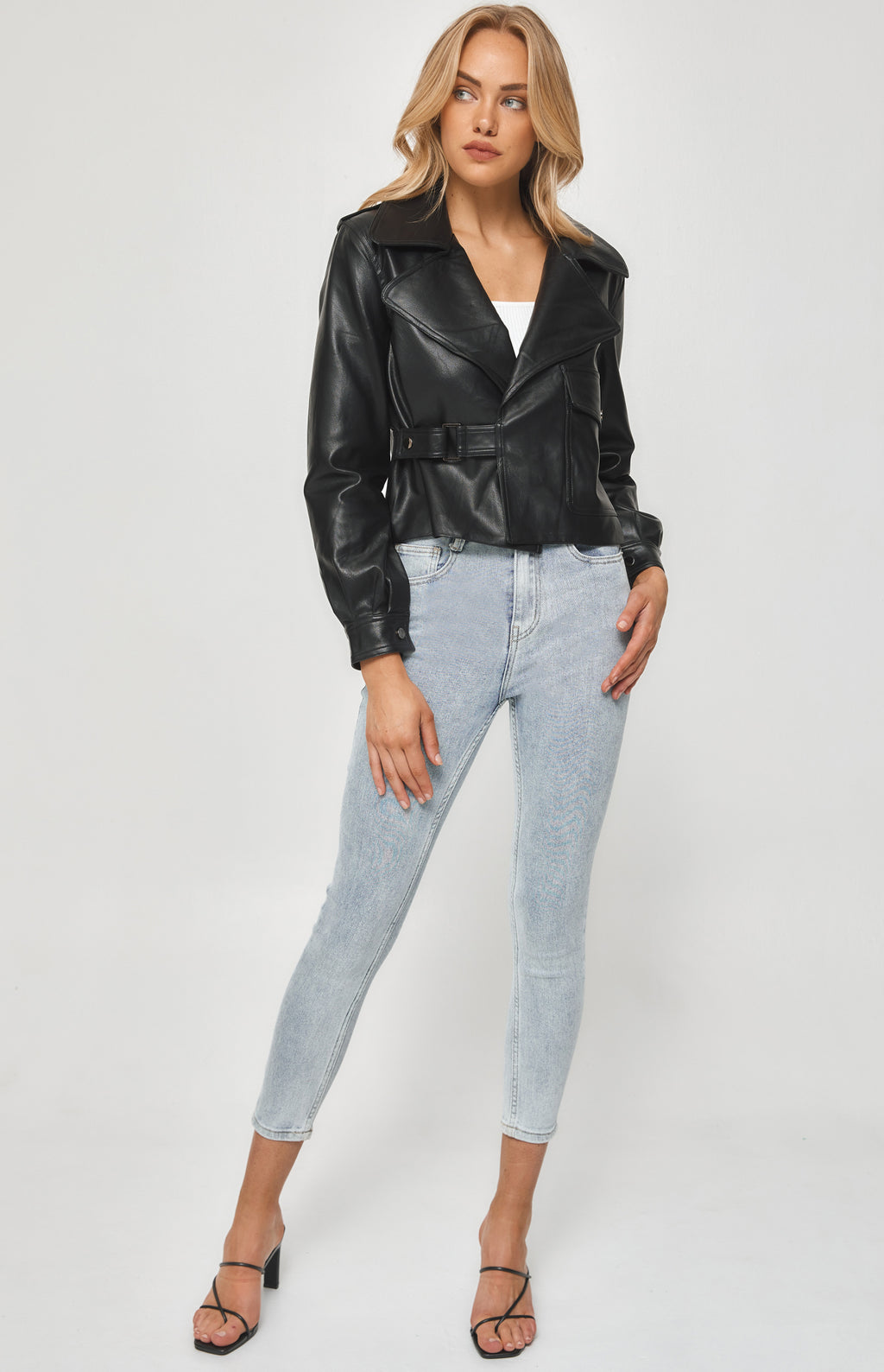FAUX LEATHER JACKET WITH SIDE BUCKLE DETAIL