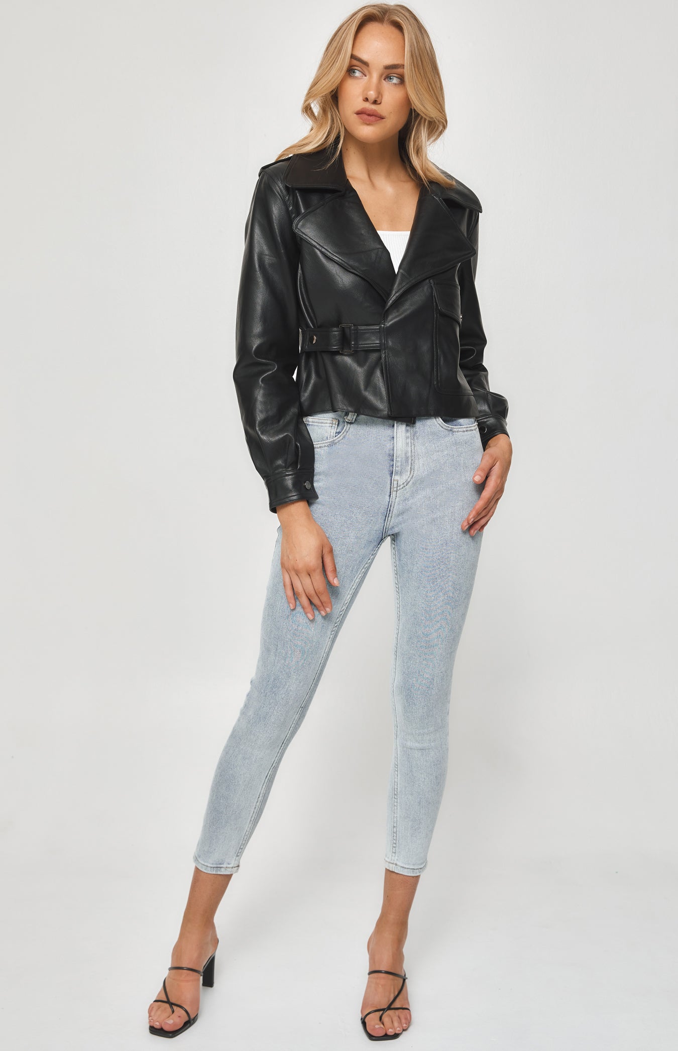 FAUX LEATHER JACKET WITH SIDE BUCKLE DETAIL