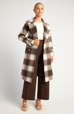 BROWN & WHITE CHECKERED DOUBLE-BREASTED FAUX WOOL FUR COAT