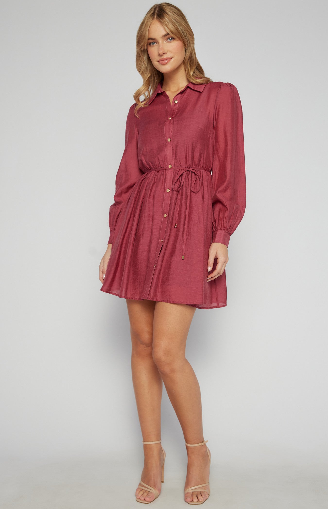 GOLD BUTTON TEXTURED SHIRT DRESS WITH SLIP LINING