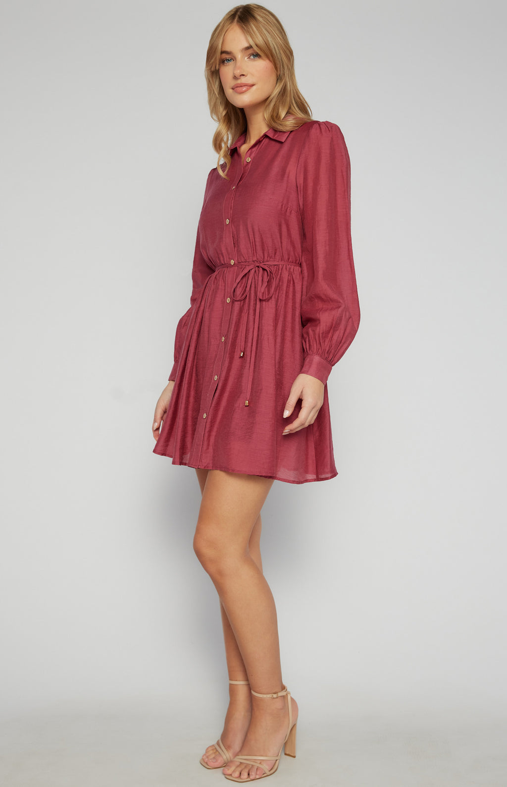 GOLD BUTTON TEXTURED SHIRT DRESS WITH SLIP LINING