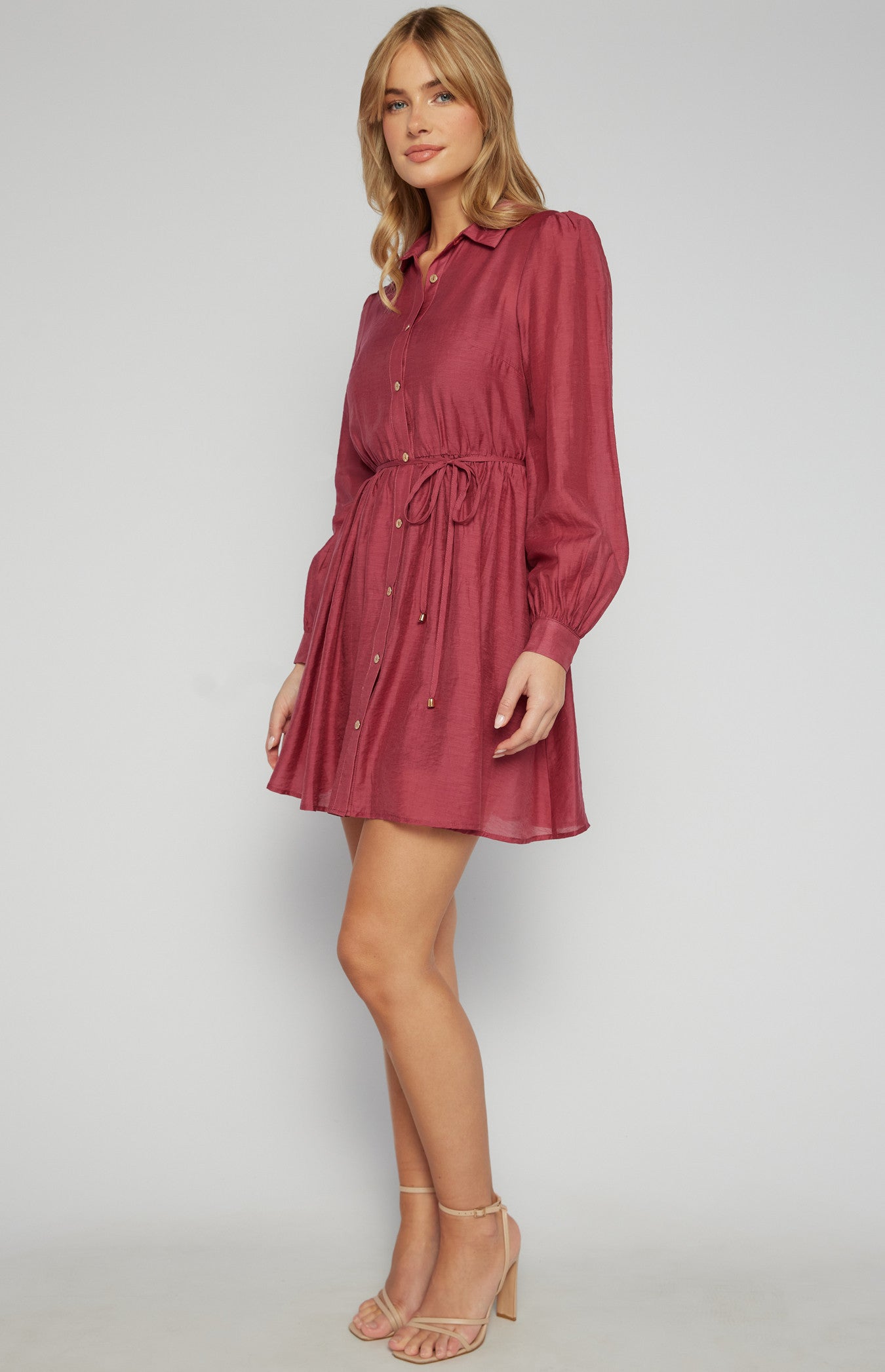 GOLD BUTTON TEXTURED SHIRT DRESS WITH SLIP LINING