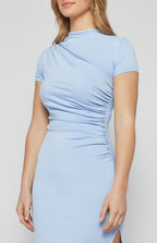 RUCHED DETAIL SHORT SLEEVE JERSEY MIDI DRESS