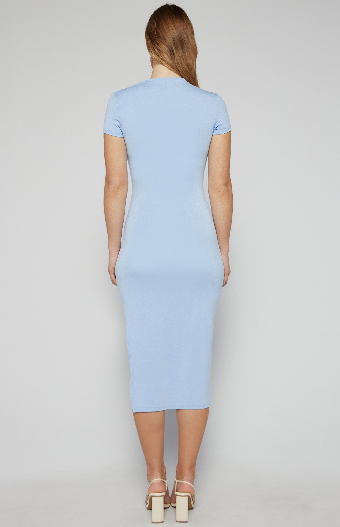 RUCHED DETAIL SHORT SLEEVE JERSEY MIDI DRESS