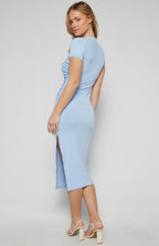 RUCHED DETAIL SHORT SLEEVE JERSEY MIDI DRESS