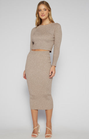 FITTED KNIT SET WITH CROP TOP AND MIDI SKIRT