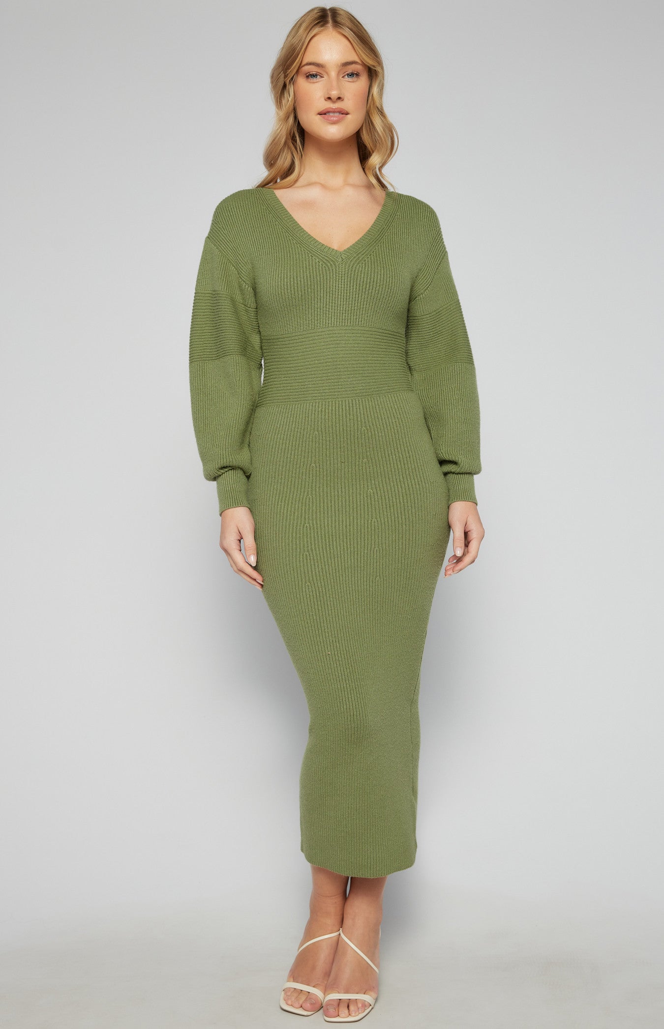 CONTRAST PANEL BUBLE SLEEVE KNIT MIDI DRESS