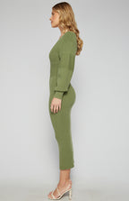 CONTRAST PANEL BUBLE SLEEVE KNIT MIDI DRESS