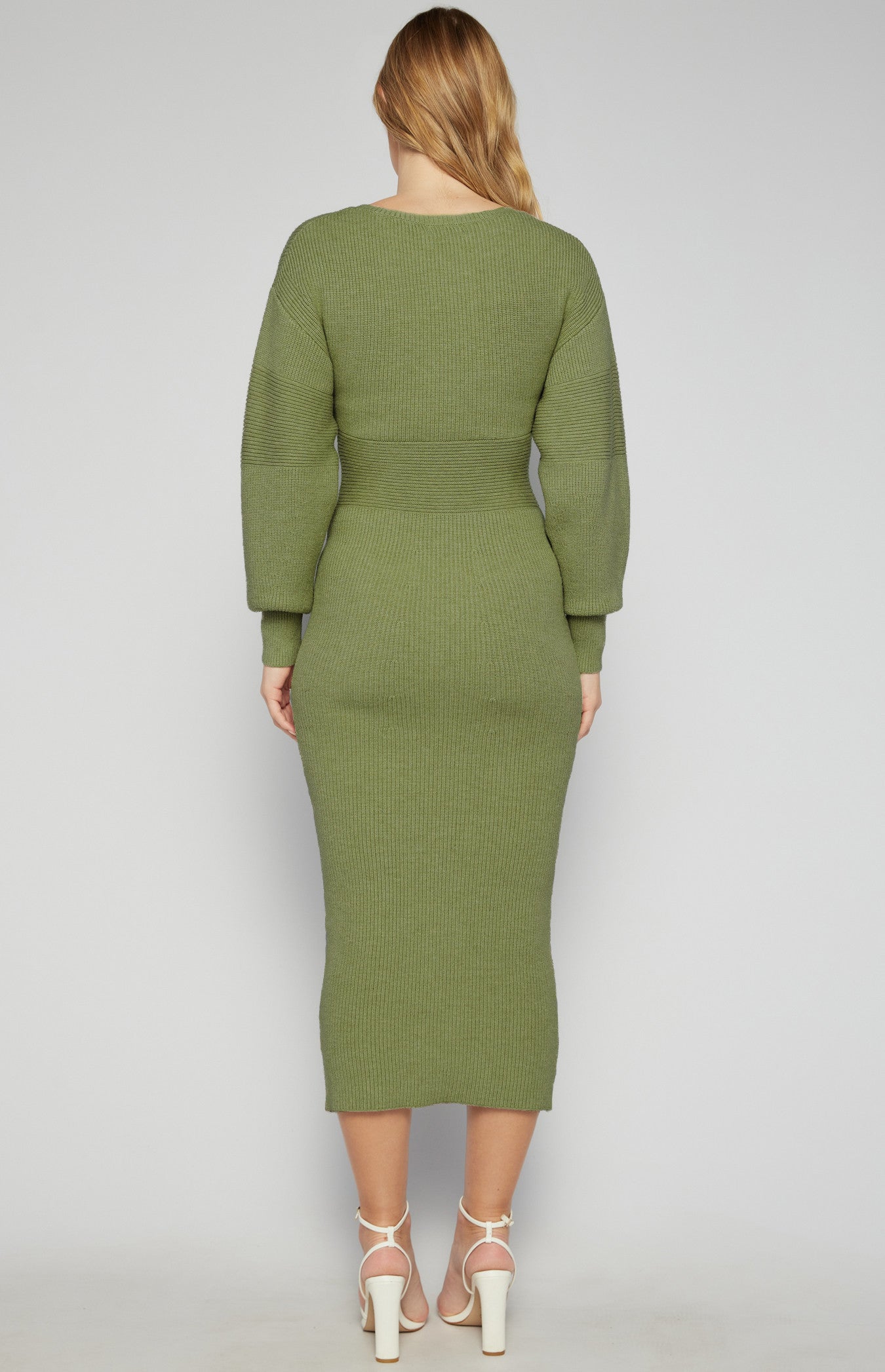 CONTRAST PANEL BUBLE SLEEVE KNIT MIDI DRESS