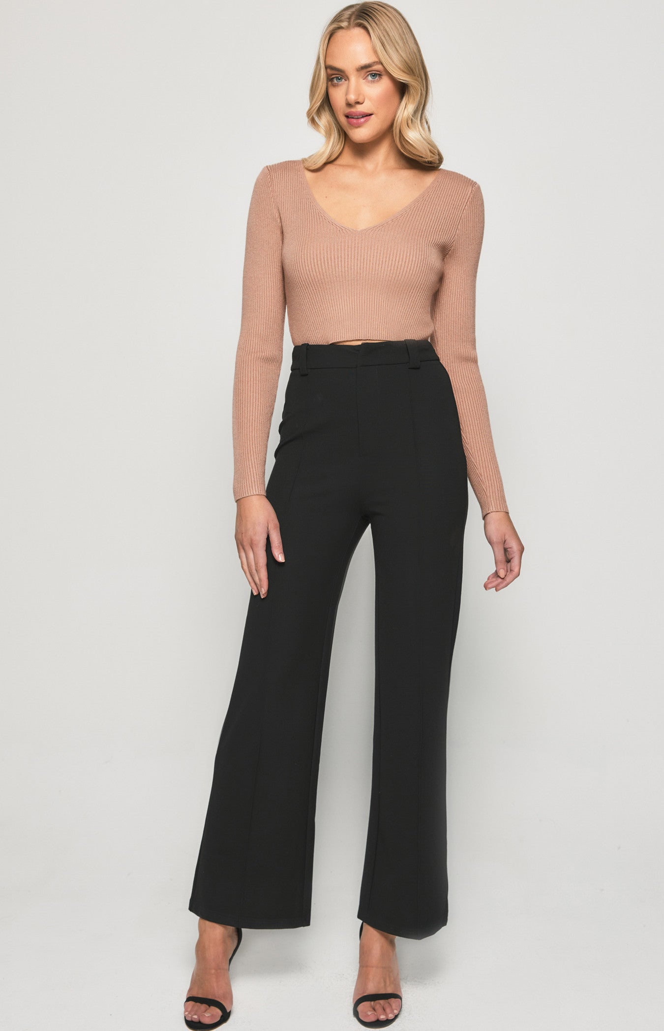 STRETCH FABRIC HIGH WAISTED WIDE LEG PANTS