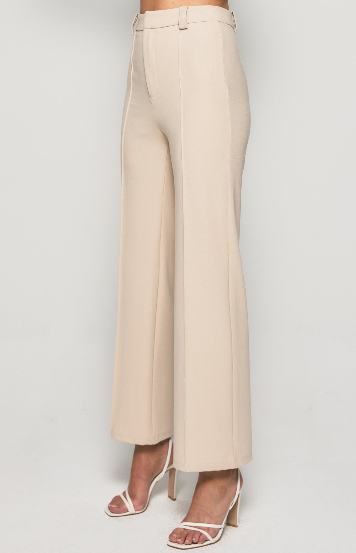 STRETCH FABRIC HIGH WAISTED WIDE LEG PANTS