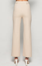 STRETCH FABRIC HIGH WAISTED WIDE LEG PANTS