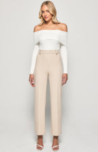 STRETCH FABRIC HIGH WAISTED WIDE LEG PANTS