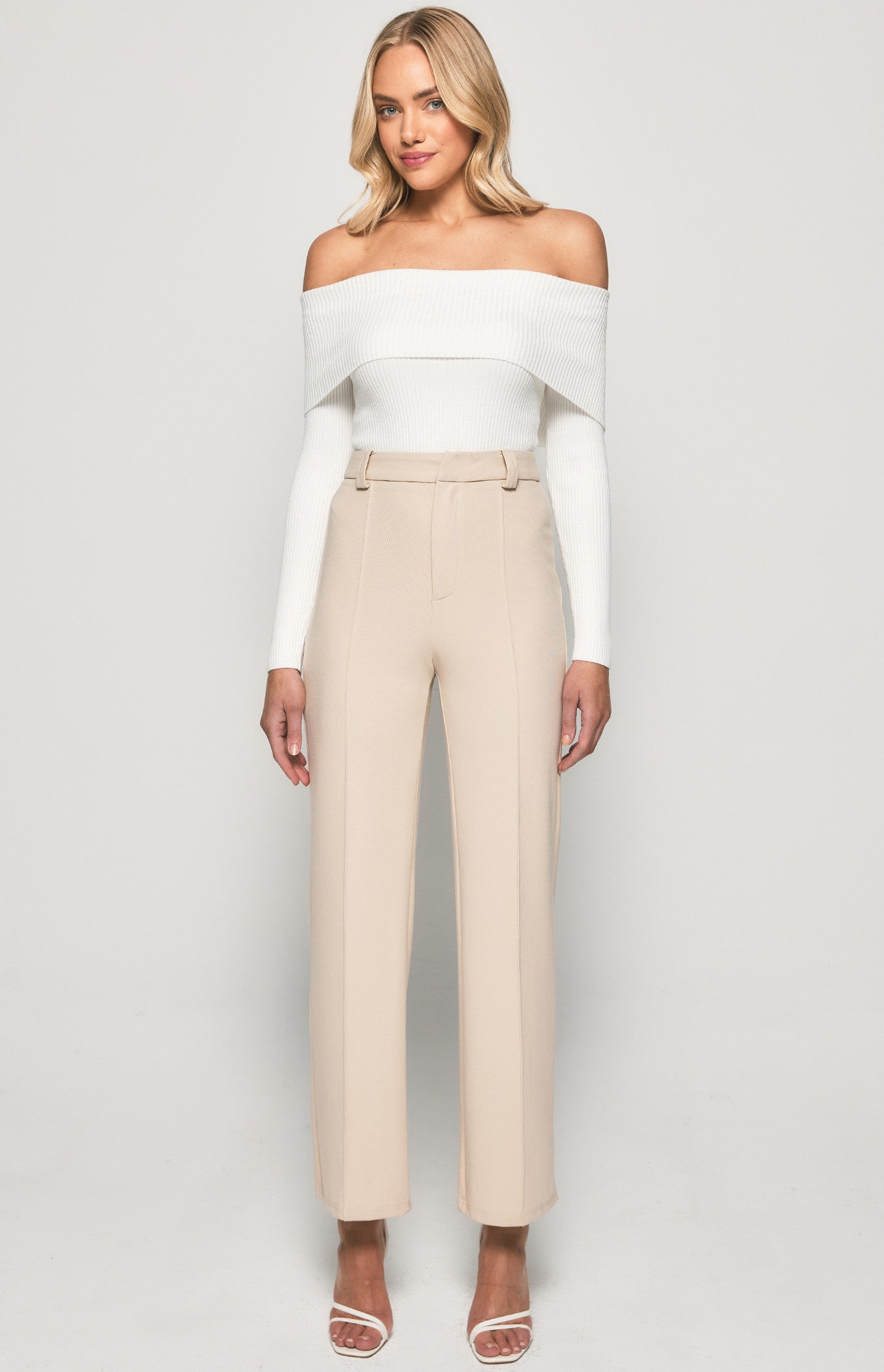 STRETCH FABRIC HIGH WAISTED WIDE LEG PANTS