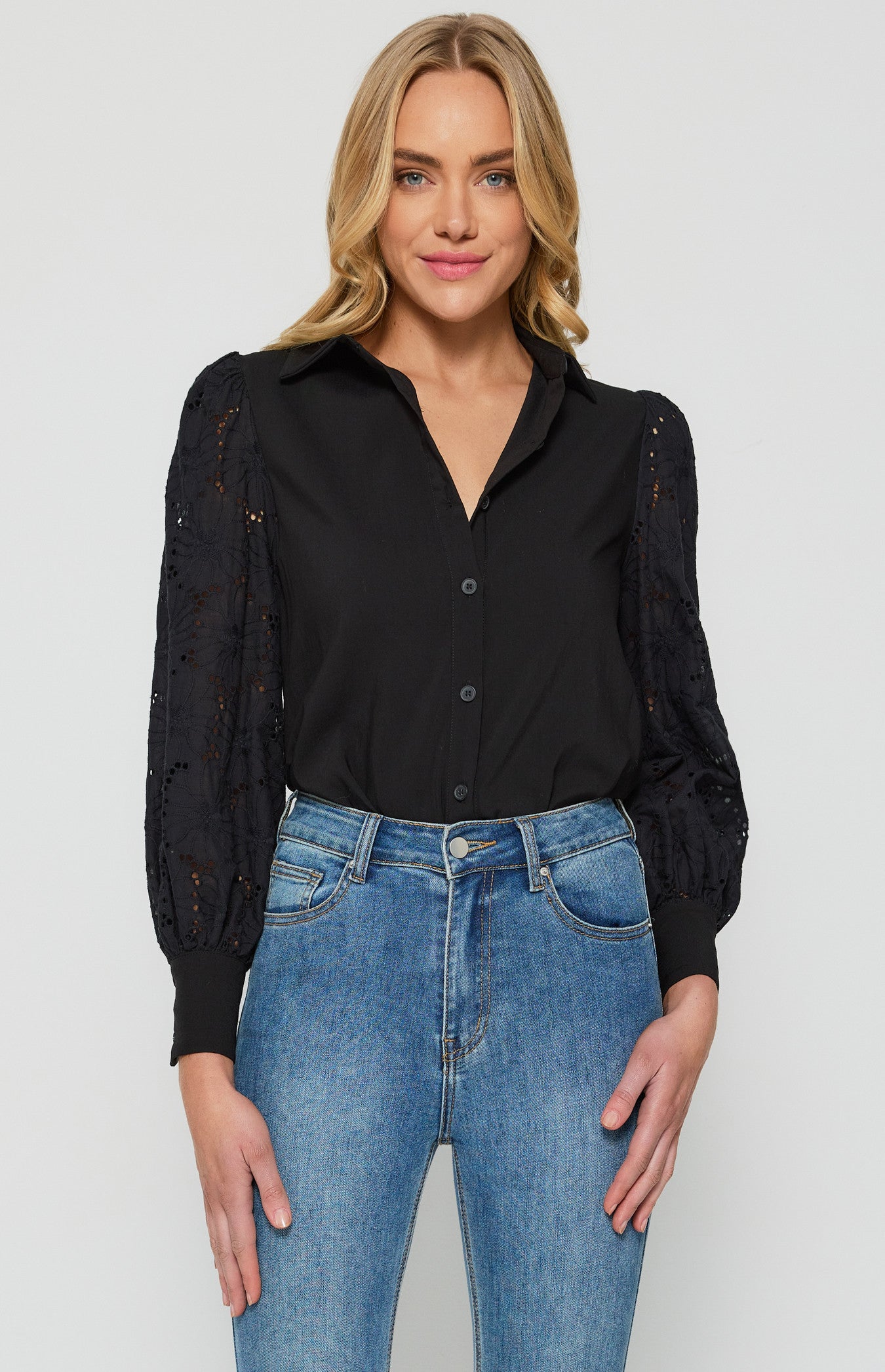 CONTRAST COTTON EMBROIDERY SLEEVES BUTTON UP SHIRT