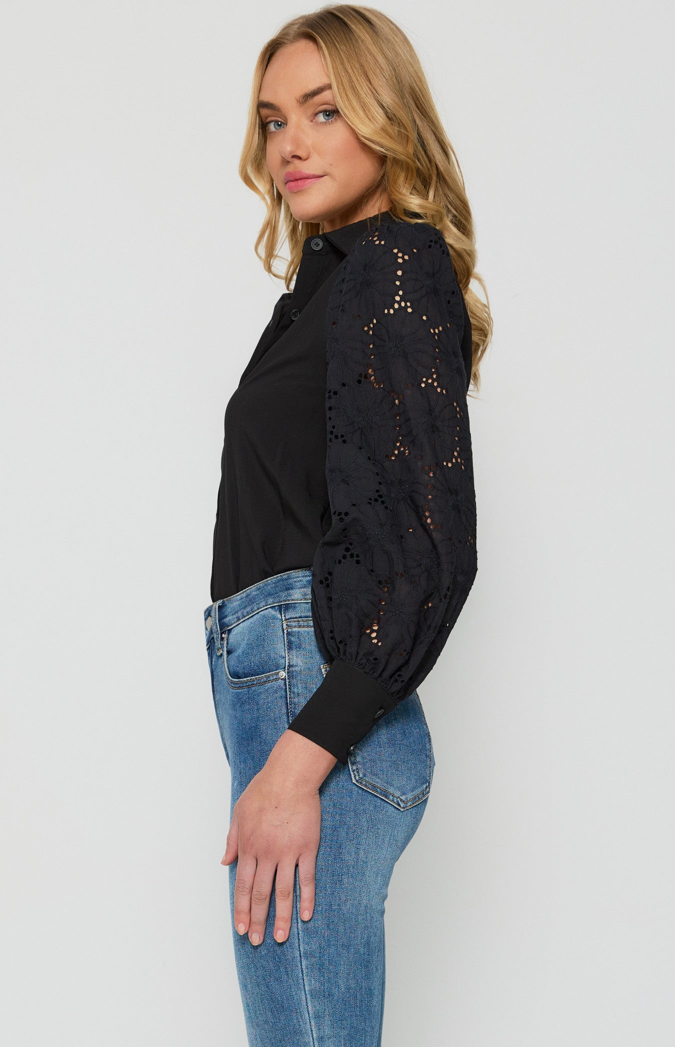 CONTRAST COTTON EMBROIDERY SLEEVES BUTTON UP SHIRT