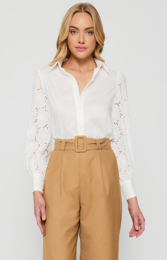 CONTRAST COTTON EMBROIDERY SLEEVES BUTTON UP SHIRT