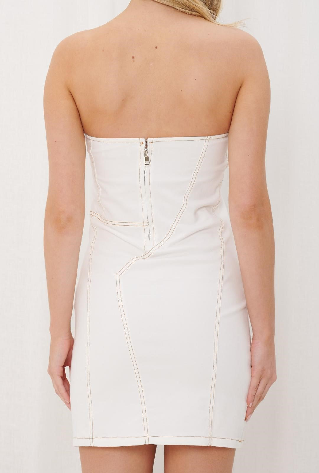 WHITE DENIM STRAPLESS MINI DRESS