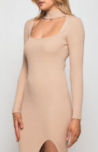 CHOKER NECKLINE KNIT MIDI DRESS WITH FRONT SPLIT