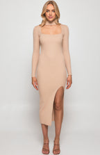 CHOKER NECKLINE KNIT MIDI DRESS WITH FRONT SPLIT