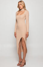 CHOKER NECKLINE KNIT MIDI DRESS WITH FRONT SPLIT